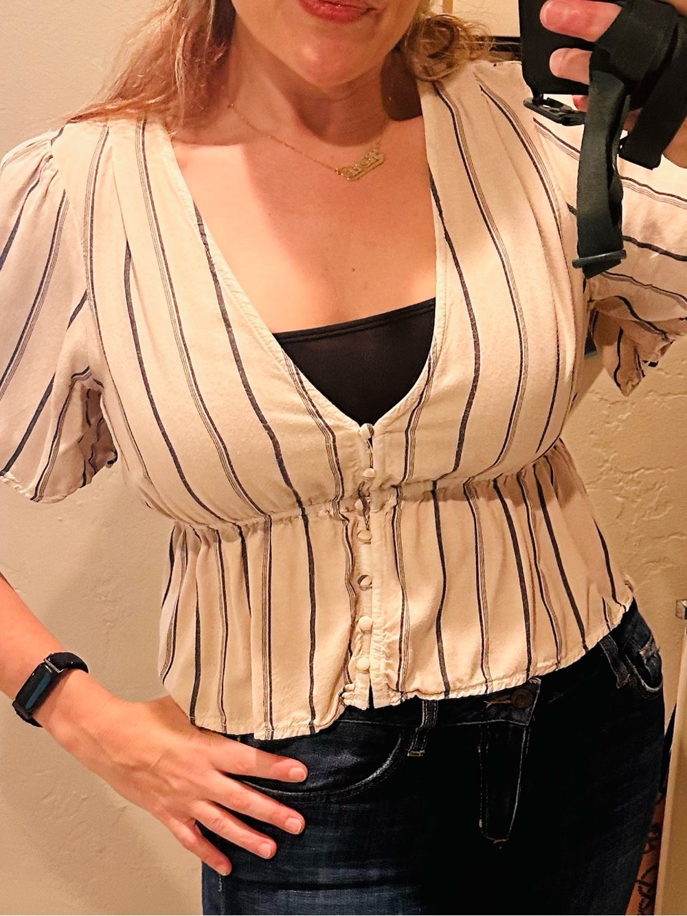 O’Neil Striped V-Neck Peplum Beachy Blouse Size Large